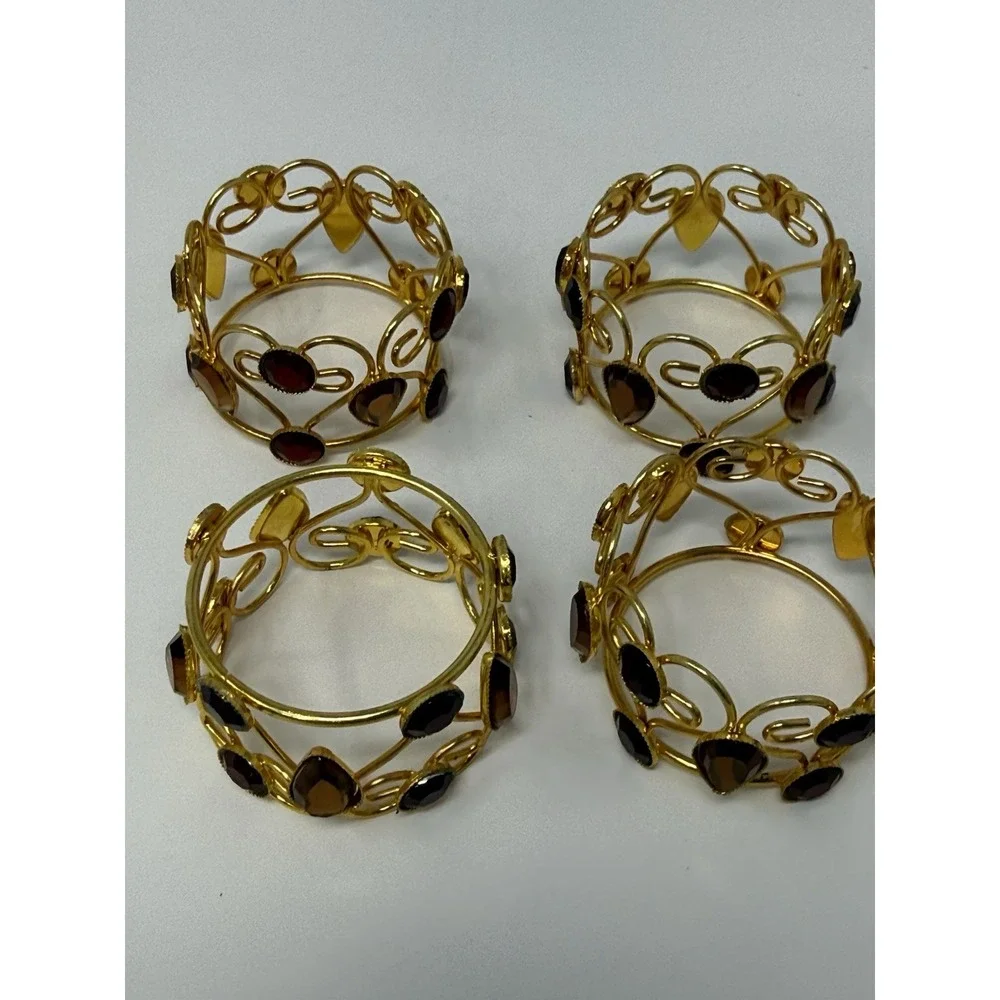 4 Pier One Imports Holiday Jeweled Napkin Rings Red & Amber Set In Gold Tone